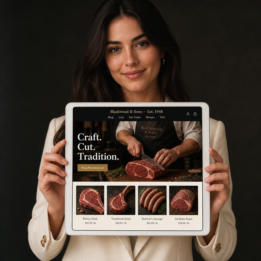 A woman holding a tablet showing a website preview